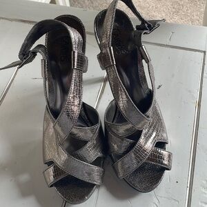 Carlos Santana metallic silver sandals stilettos